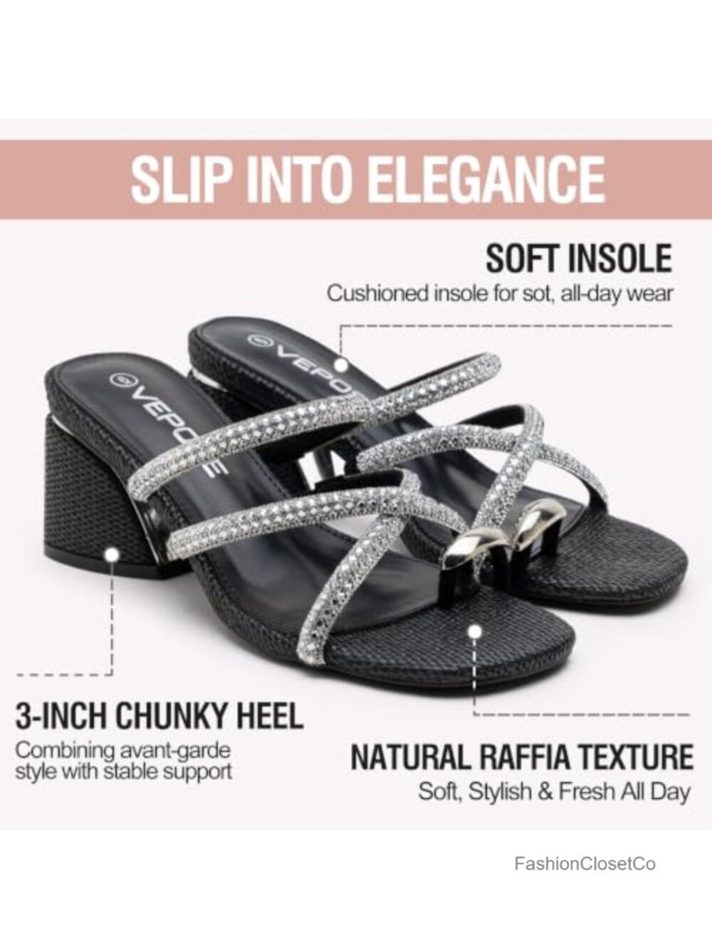 Sparkly Rhinestone Strappy Block Heel Sandals Square Toe Slip On Comfortable 3 - Picture 3 of 6